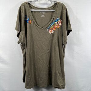 Torrid Girlfriend Tee Sparrow Embroidery Dusty Olive V-Neck Tee